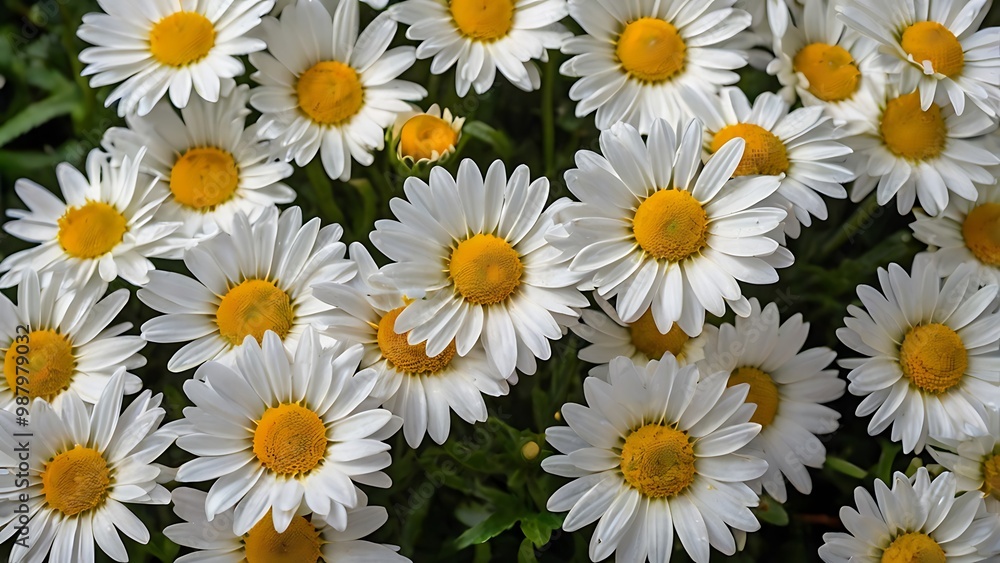 High angle photograph of a dense cluster of white daisies with bright yellow centers, white flowers background High angle photograph of a dense cluster of white daisies with bright yellow centers, white flowers background