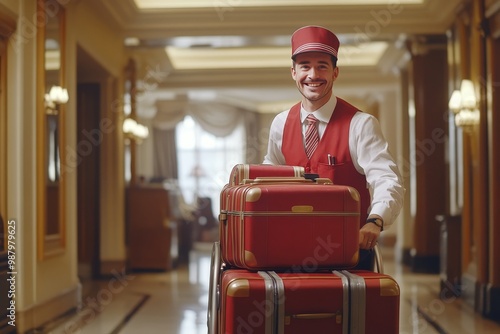 Cheerful bellboy assisting guests with luggage cart at a welcoming hotel environment