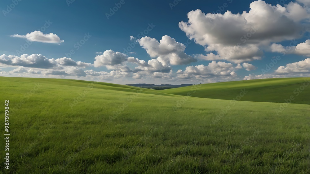 Fototapeta premium Landscape image featuring a vast, gently rolling green hill under a clear vibrant blue sky, nature background