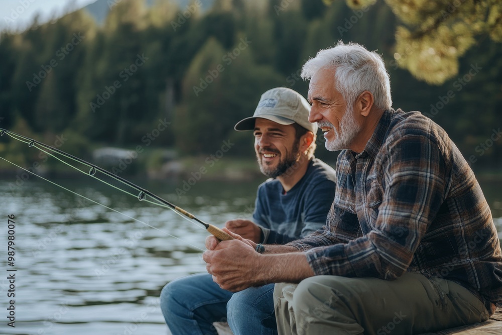 Joyful senior man and son enjoy conversation while fishing from a scenic pier together Joyful senior man and son enjoy conversation while fishing from a scenic pier together