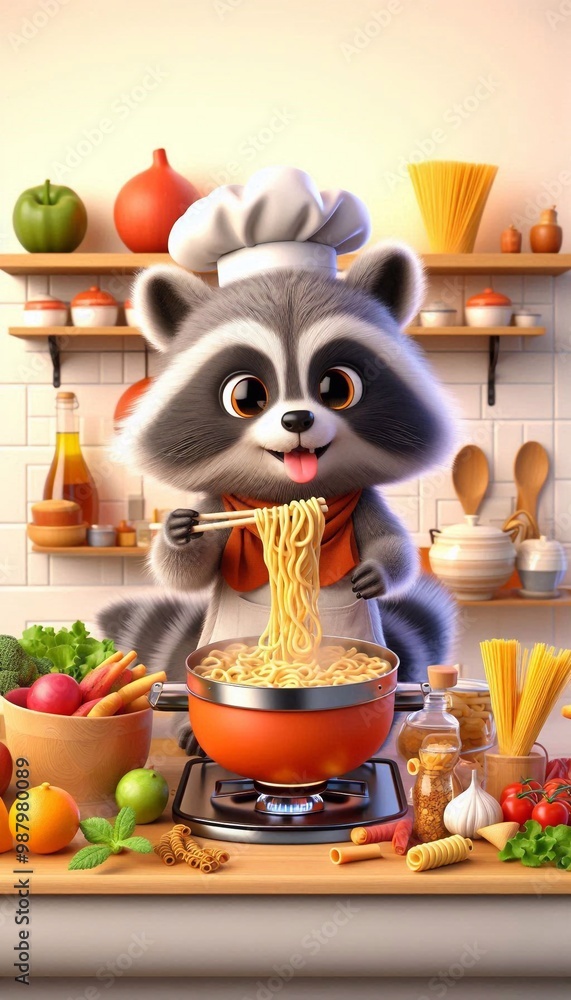 Fototapeta premium Waschbär kocht Pasta