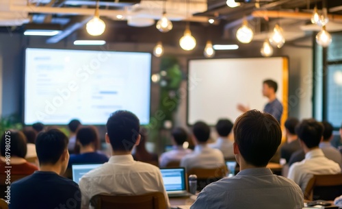 Asian business training presentation in a modern office, audience seated and listening to the speaker with light bulb pendant lights, whiteboard, and laptop displaying PowerPoint content.