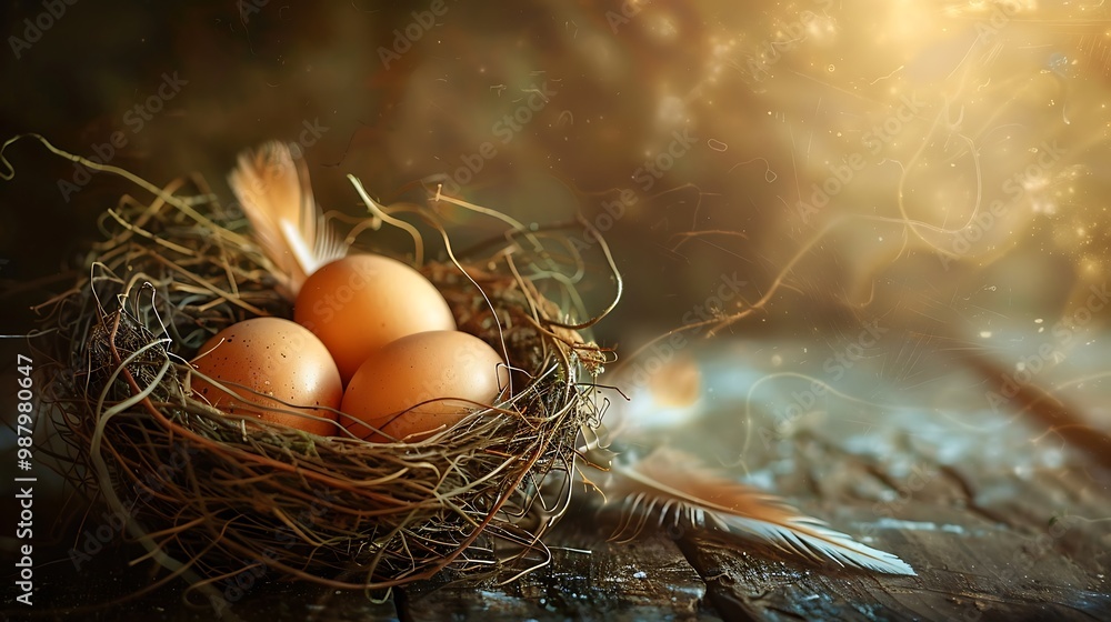 A stunning macro shot capturing three eggs in a cozy bird nest on a wooden surface with a few feathers scattered around illuminated by soft diffused lighting perfect for wildlife lovers A stunning macro shot capturing three eggs in a cozy bird nest on a wooden surface with a few feathers scattered around illuminated by soft diffused lighting perfect for wildlife lovers