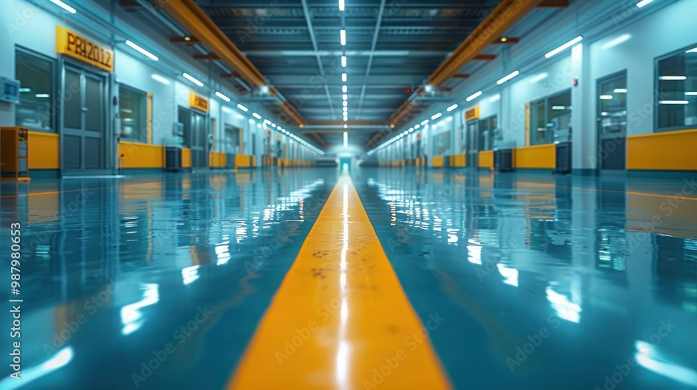 Fototapeta premium Inside a Semiconductor Mass Production Factory: A View of the Interior with No One in Sight