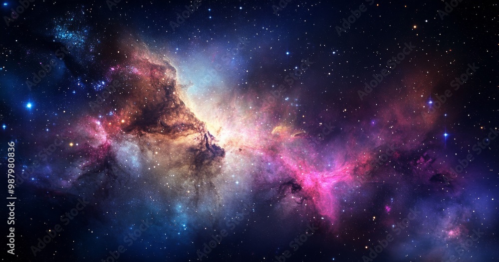 Fototapeta premium Vibrant cosmic nebula with stars and galaxies in the Milky Way, featuring glowing nebulous clouds in shades of dark blue, purple, pink, white, and gold in a hyper-realistic space scene.