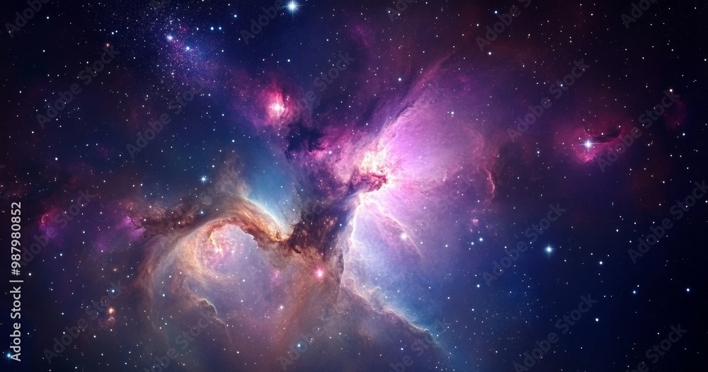 Naklejka premium Vibrant cosmic nebula with stars and galaxies in the Milky Way, featuring glowing nebulous clouds in shades of dark blue, purple, pink, white, and gold in a hyper-realistic space scene.