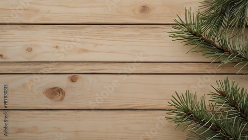 Minimalist and clean image featuring a light wooden background with horizontal planks and a small cluster of green pine branches In the corner 