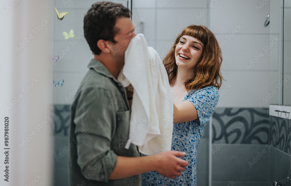 Obraz premium A joyful couple prepares for a night out, laughing together in the bathroom. The scene captures the warmth and excitement of shared moments before an evening adventure.
