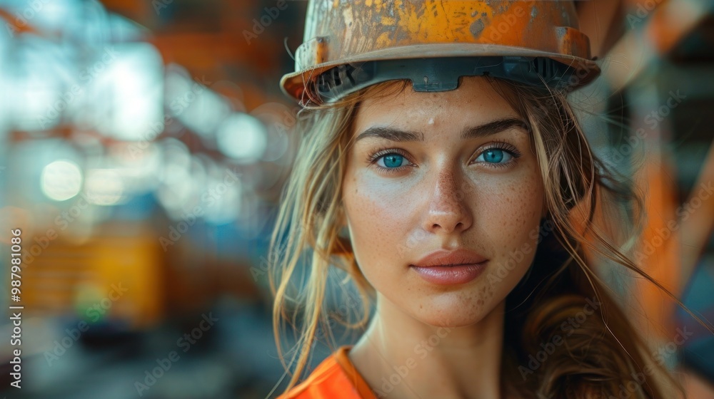 Female Construction Worker with Helmet Standing in Front of Building Under Construction Female Construction Worker with Helmet Standing in Front of Building Under Construction