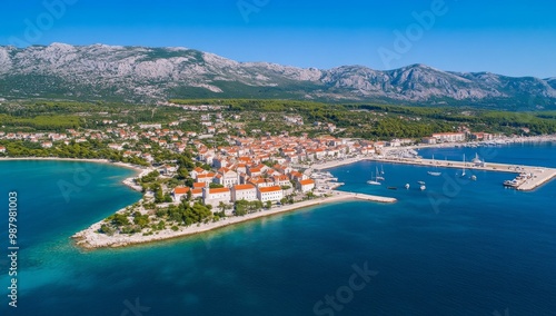Wallpaper Mural Aerial view of Kupari, Croatia, showcasing white buildings with red roofs surrounded by turquoise sea and mountains. Clear blue summer sky with a visible harbor on the right. Torontodigital.ca