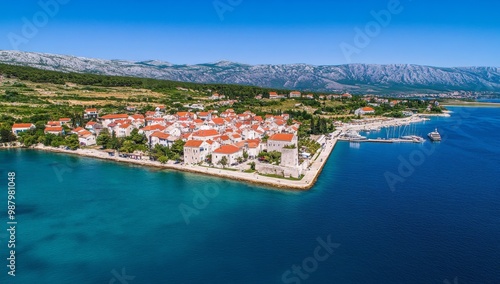 Aerial view of Kupari, Croatia, showcasing white buildings with red roofs surrounded by turquoise sea and mountains. Clear blue summer sky with a visible harbor on the right. photo