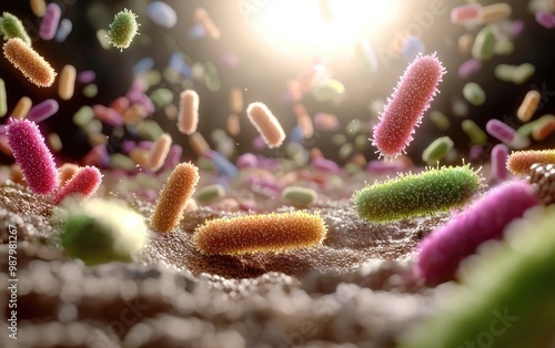 Vivid microbiome, colorful bacteria in the human body, diversity of microorganisms that impact health, immunity, and various bodily functions in the intricate human ecosystem. photo