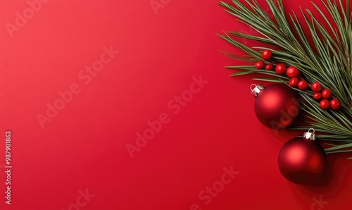 Minimalistic Pine Branches and Christmas Decorations on Red Background, Top-Down View photo