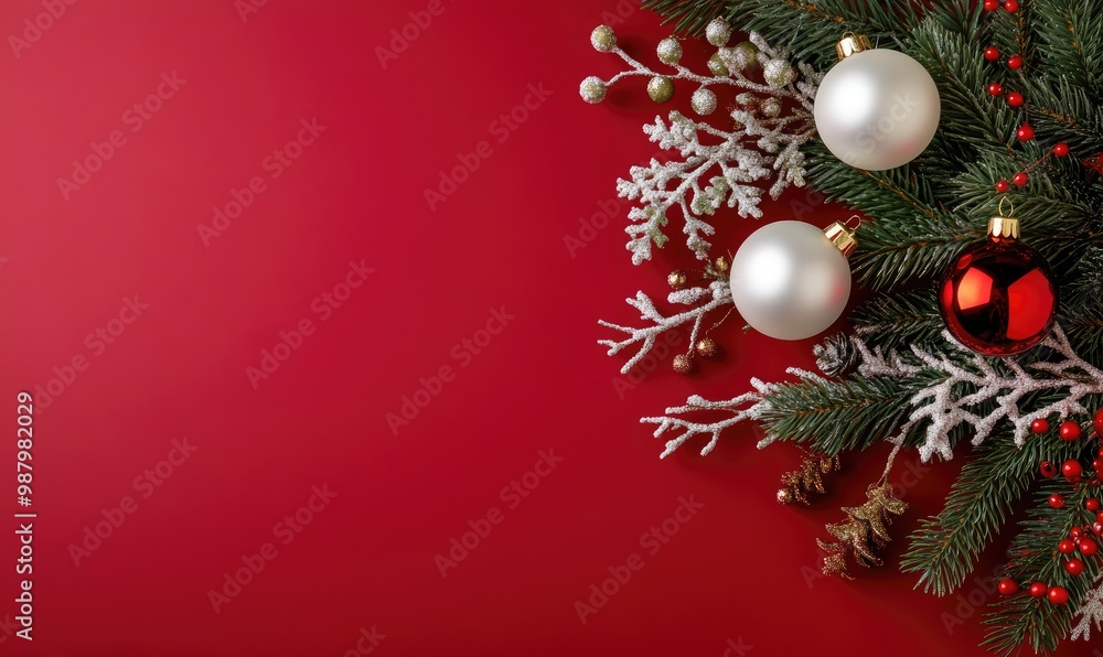 Minimalistic Pine Branches and Christmas Decorations on Red Background, Top-Down View Minimalistic Pine Branches and Christmas Decorations on Red Background, Top-Down View