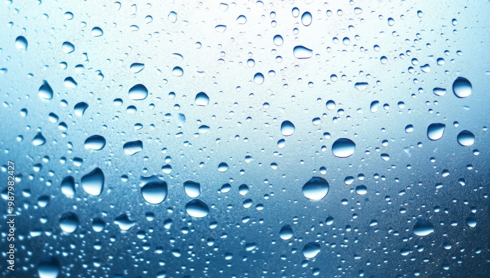 Close-up of water droplets on glass against a light blue background, highlighting the clarity and beauty of each raindrop, symbolizing tranquility and the serenity of nature. Close-up of water droplets on glass against a light blue background, highlighting the clarity and beauty of each raindrop, symbolizing tranquility and the serenity of nature.