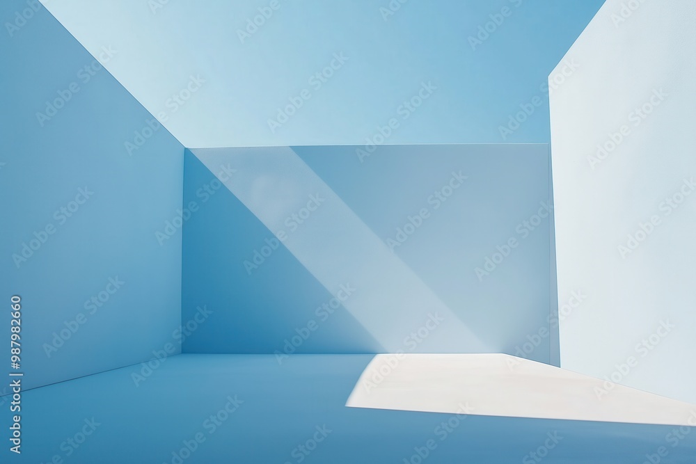 Abstract minimalistic room bathed in soft blue light, featuring clean lines and geometric shadows. Abstract minimalistic room bathed in soft blue light, featuring clean lines and geometric shadows.