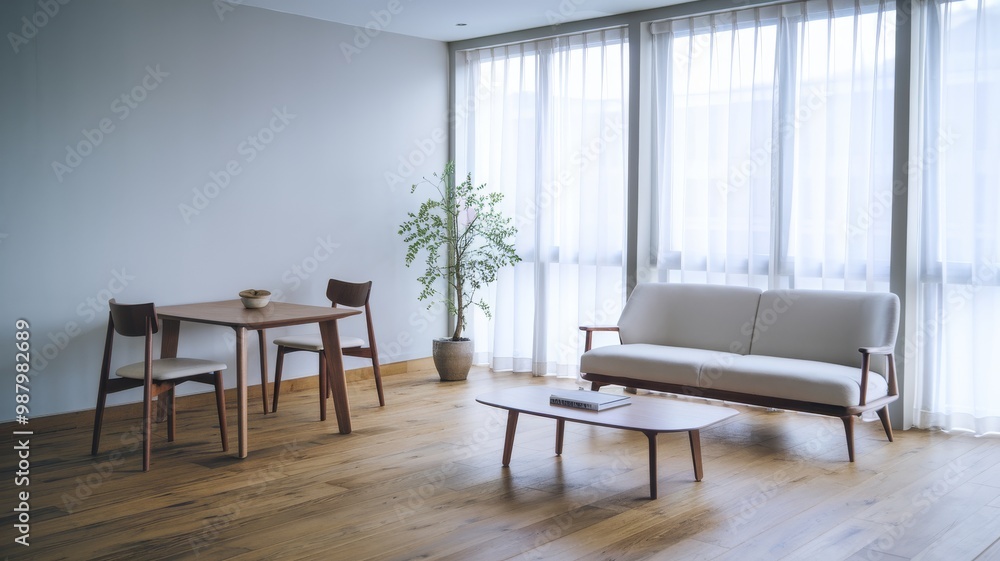 Fototapeta premium Minimalist, japandi interior design of modern living room with dining table.