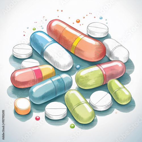 Eine Schale mit bunten Pillen und Tabletten - Illustration photo