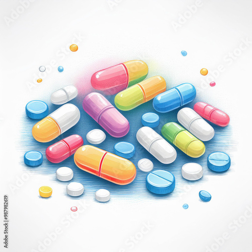 Eine Schale mit bunten Pillen und Tabletten - Illustration photo