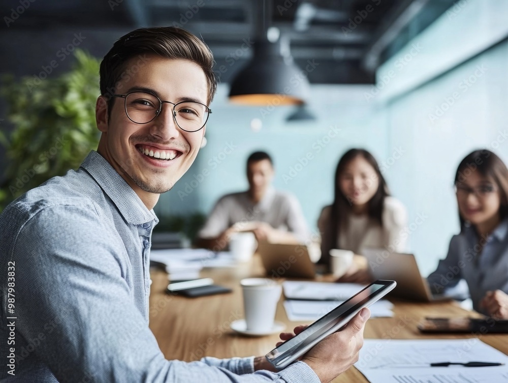 Smiling young man with an iPad at a conference table, surrounded by casually dressed colleagues in a bright, modern office space with documents and coffee cups.