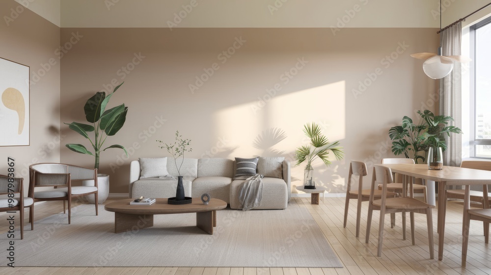 Fototapeta premium Minimalist, japandi interior design of modern living room with dining table.
