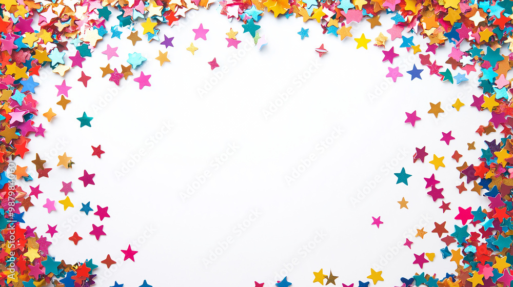 birthday party confetti: a vibrant frame made from multi-colored star and circle confetti, scattered around a bright white background, the cheerful colors create a festive atmosphere birthday party confetti: a vibrant frame made from multi-colored star and circle confetti, scattered around a bright white background, the cheerful colors create a festive atmosphere