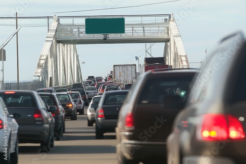 Traffic congestion at the Ridley Brazile Embankment ferry crossing, impacted by a port strike, with vehicles packed on the ferry and a long line waiting to board the bridge,highlighting transportation