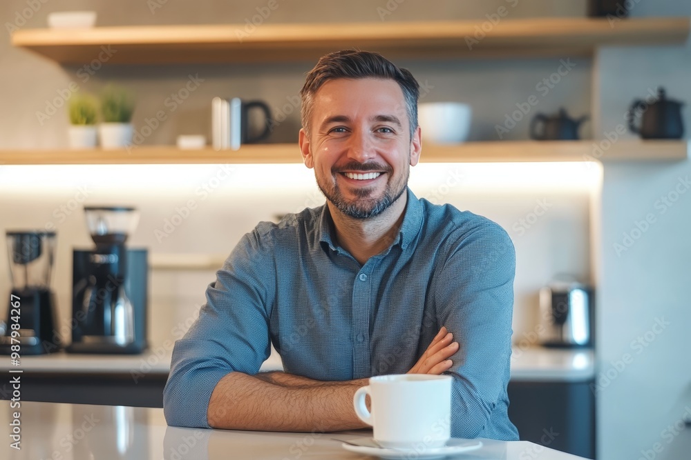 Joyful entrepreneur taking a coffee break in office kitchen while smiling at the camera Joyful entrepreneur taking a coffee break in office kitchen while smiling at the camera
