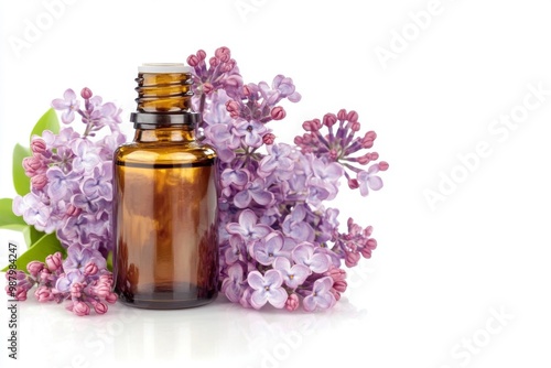 A bottle of essential oil surrounded by fresh lilac flowers, beautifully isolated against a clean white background, showcasing the essence of relaxation and natural wellness.