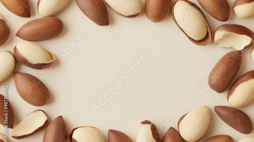 brazil nuts: a loose frame made from whole brazil nuts, scattered sparsely across a soft cream background, the smooth, brown and white tones of the nuts create a simple, organic aesthetic photo