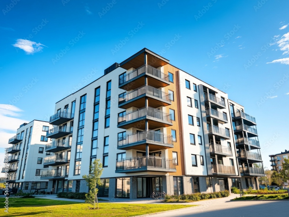 Modern apartment building exterior with panoramic windows and balconies ...