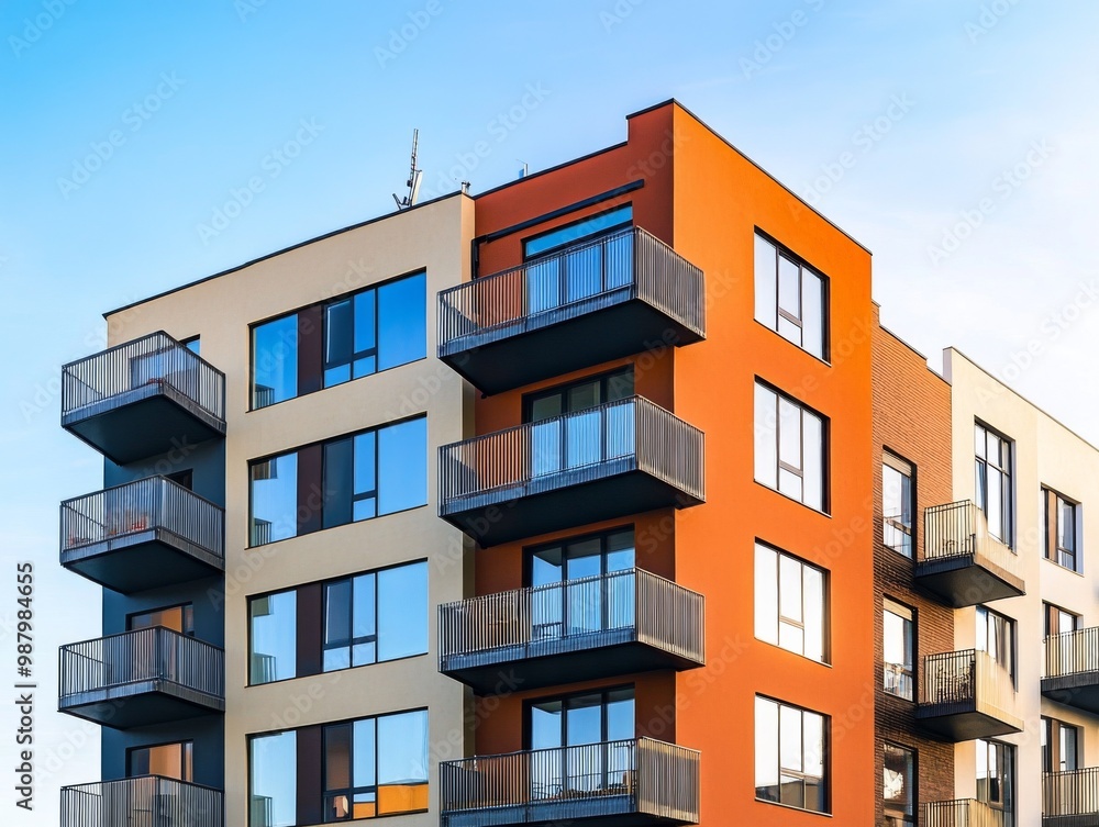 Modern apartment building exterior with panoramic windows and balconies in Scandinavian style under blue sky, showcasing contemporary residential design and urban real estate concept. Modern apartment building exterior with panoramic windows and balconies in Scandinavian style under blue sky, showcasing contemporary residential design and urban real estate concept.