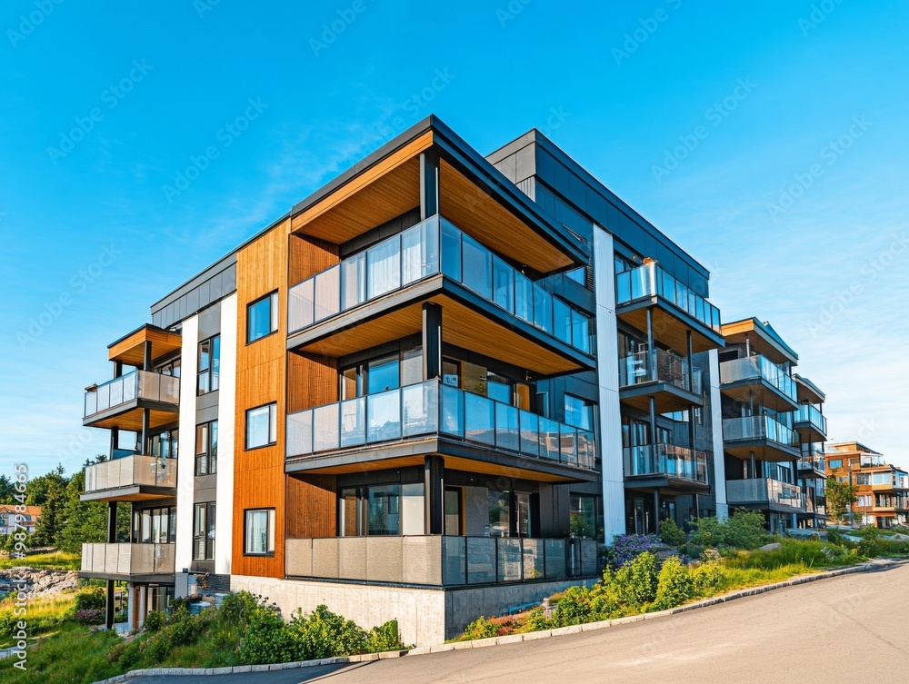 Modern apartment building exterior with panoramic windows and balconies in Scandinavian style under blue sky, showcasing contemporary residential design and urban real estate concept. Modern apartment building exterior with panoramic windows and balconies in Scandinavian style under blue sky, showcasing contemporary residential design and urban real estate concept.