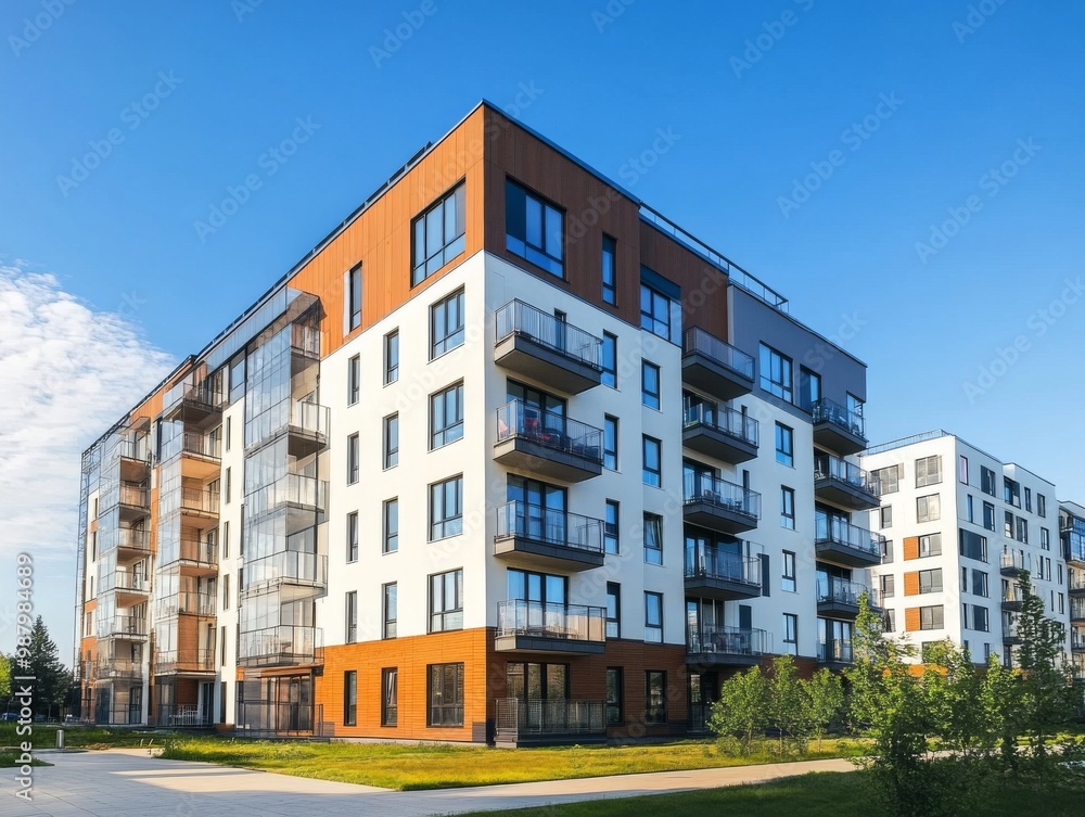 Modern apartment building exterior with panoramic windows and balconies in Scandinavian style under blue sky, showcasing contemporary residential design and urban real estate concept. Modern apartment building exterior with panoramic windows and balconies in Scandinavian style under blue sky, showcasing contemporary residential design and urban real estate concept.