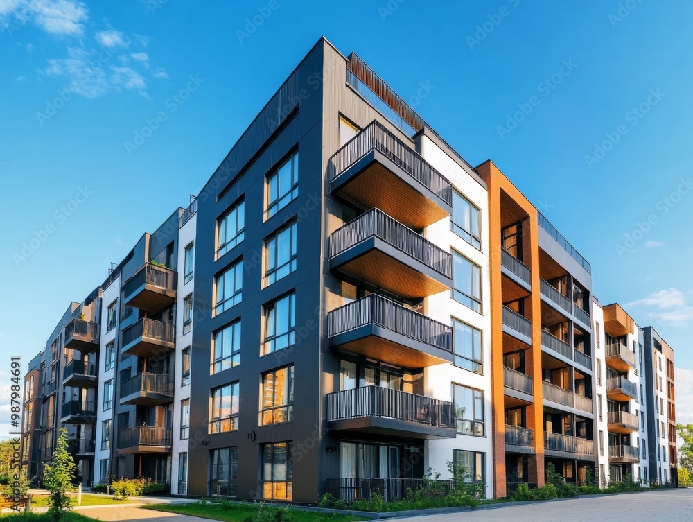Modern apartment building exterior with panoramic windows and balconies in Scandinavian style under blue sky, showcasing contemporary residential design and urban real estate concept. Modern apartment building exterior with panoramic windows and balconies in Scandinavian style under blue sky, showcasing contemporary residential design and urban real estate concept.
