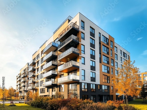 Modern apartment building exterior with panoramic windows and balconies in Scandinavian style under blue sky, showcasing contemporary residential design and urban real estate concept.