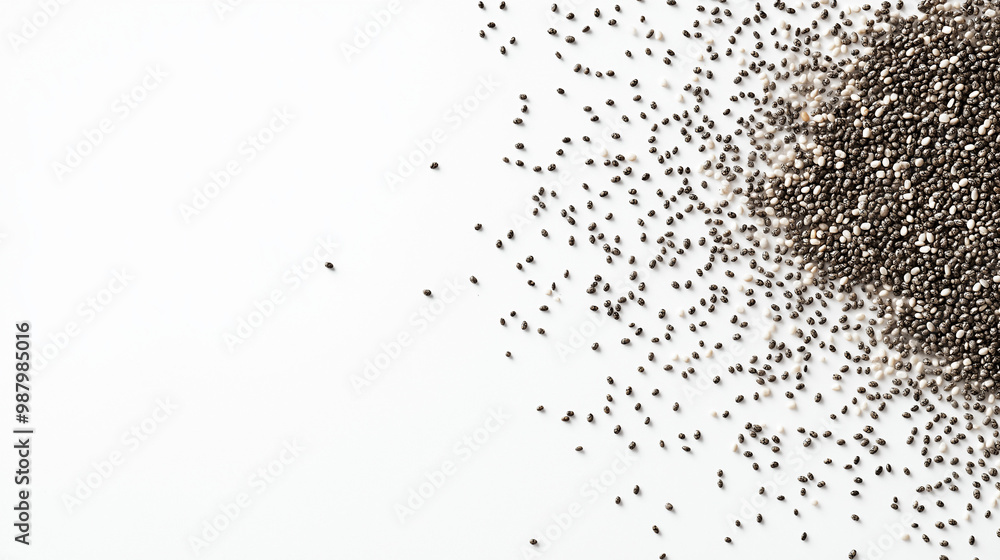 Obraz premium chia seeds: a loose frame made from chia seeds, sprinkled lightly over a white background, the tiny black and gray seeds create a subtle, speckled texture