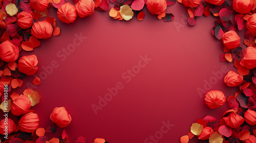 chinese new year confetti: a festive frame made from red and gold lantern-shaped confetti, arranged around a soft crimson background, the colors evoke prosperity and good fortune