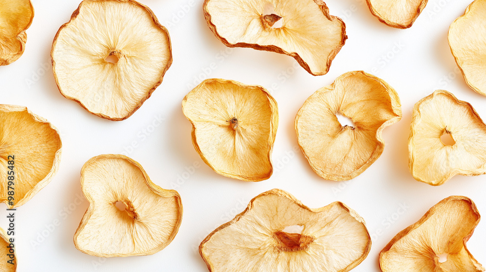 dried apple rings: a loose frame made from dried apple rings, scattered casually over a soft white background, the pale yellow and brown tones of the fruit create a fresh, natural look dried apple rings: a loose frame made from dried apple rings, scattered casually over a soft white background, the pale yellow and brown tones of the fruit create a fresh, natural look