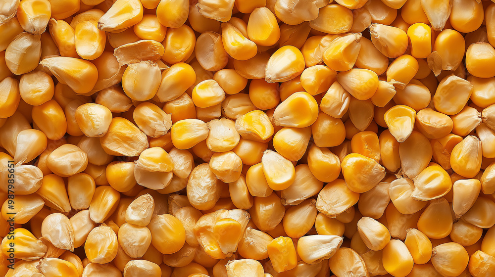 dried corn kernels: a loose frame made from dried corn kernels, scattered casually over a soft beige background, the bright yellow and orange tones of the kernels create a lively, warm texture