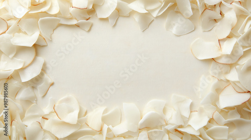 dried coconut flakes: a frame made from dried coconut flakes, scattered lightly across a soft beige background, the bright white and slightly translucent flakes create a fresh, tropical look