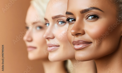 Diverse Women Standing Together, Close-Up Portrait with Warm Lighting and Soft Smiles