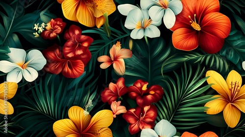 Vibrant Tropical Floral Pattern with Red, Yellow, and White Flowers