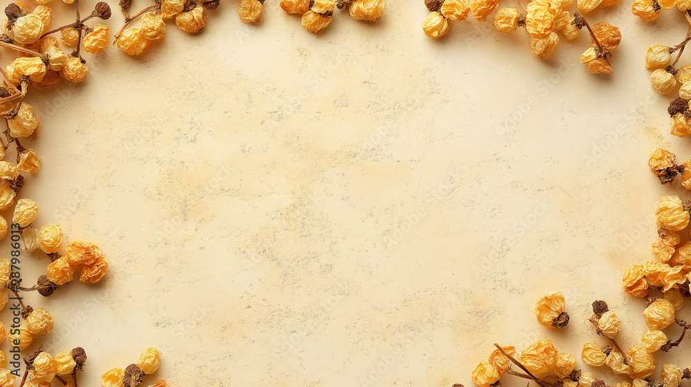 dried mulberries: a frame made from dried mulberries, scattered lightly across a soft beige background, the pale yellow and light brown tones of the berries create a rustic, earthy feel dried mulberries: a frame made from dried mulberries, scattered lightly across a soft beige background, the pale yellow and light brown tones of the berries create a rustic, earthy feel