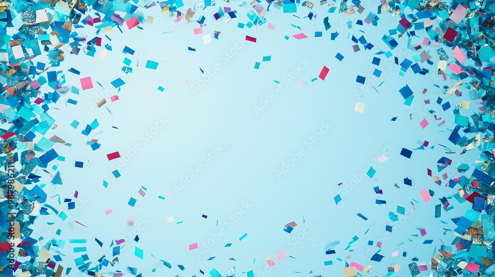 electric blue and cyan confetti: a bold frame made from electric blue and cyan confetti, scattered around the edges of a light aqua background electric blue and cyan confetti: a bold frame made from electric blue and cyan confetti, scattered around the edges of a light aqua background