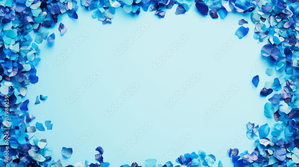 electric blue and cyan confetti: a bold frame made from electric blue and cyan confetti, scattered around the edges of a light aqua background electric blue and cyan confetti: a bold frame made from electric blue and cyan confetti, scattered around the edges of a light aqua background