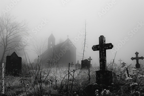 Cemetery in foggy weather with church in the background, perfect for dark themes photo