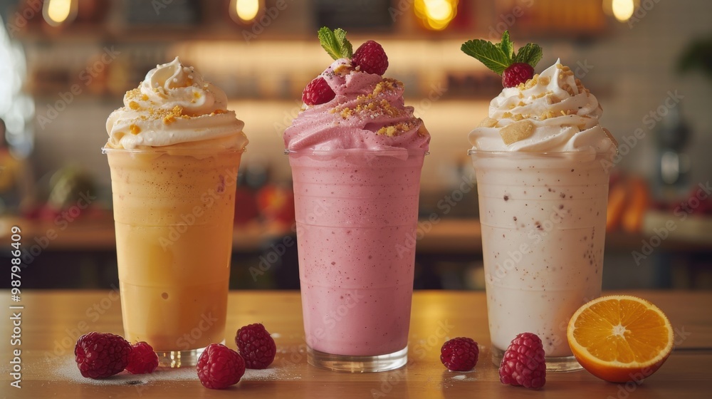 Colorful fruit smoothies on a wooden table in a cafe Colorful fruit smoothies on a wooden table in a cafe