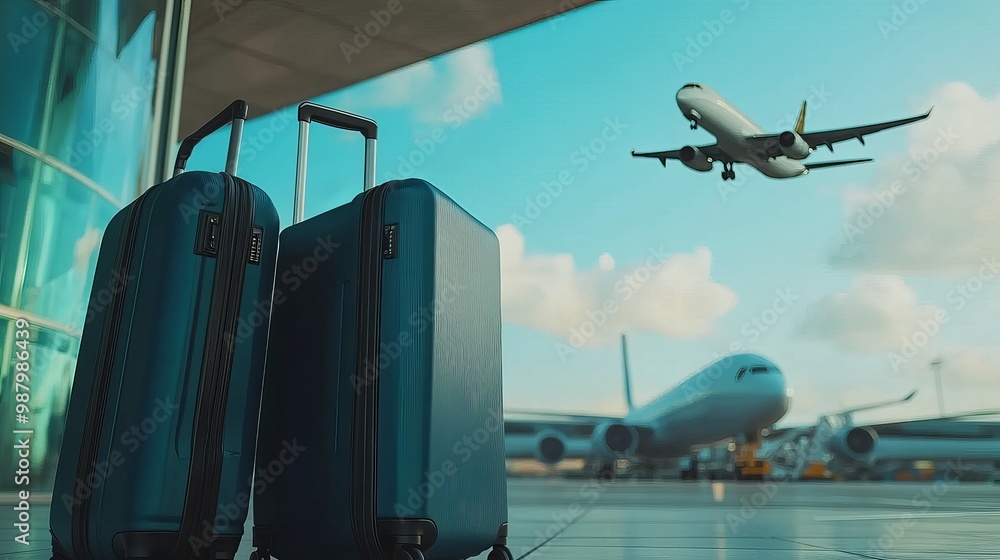 Passenger plane flying above the skyline and traveling bags in the airport terminal. Passenger plane flying above the skyline and traveling bags in the airport terminal.