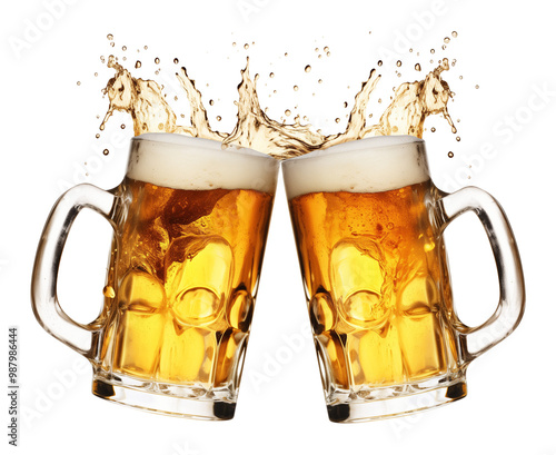 Two Beer Mug Toast Cheers Splash Isolated on Transparent Background PNG
 photo